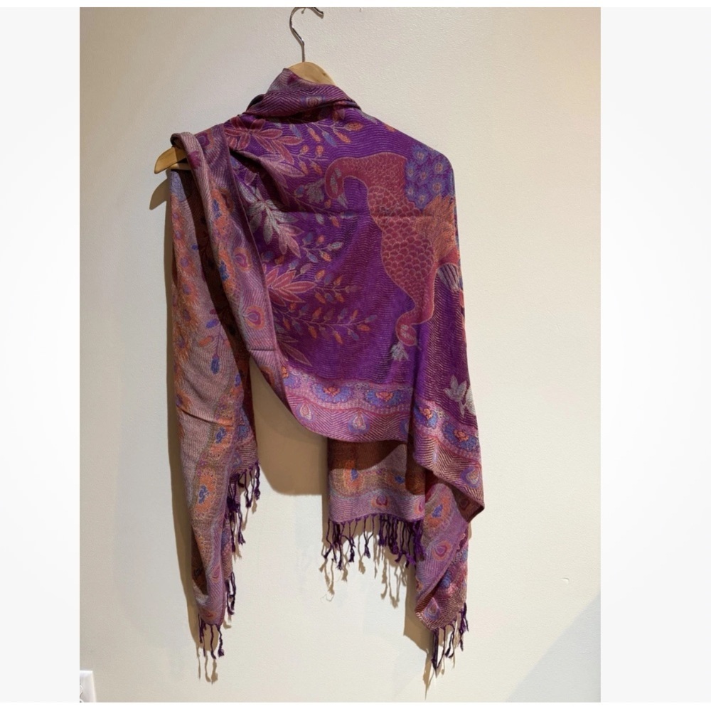 NWT Magic‎ Peacock scarf wrap with fringe Vibrant Purple and Orange 68x27